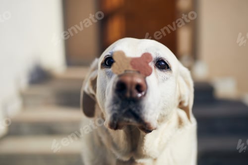 Preview: Funny labrador retriever is balancing dog treat with bone shape on snout.