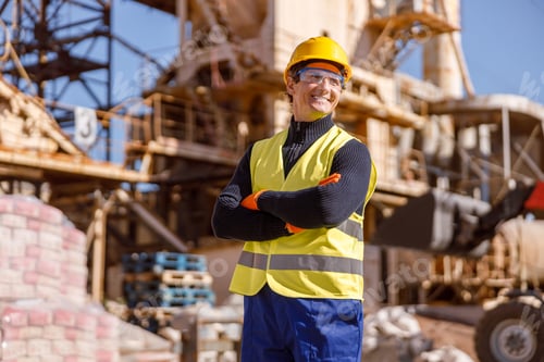 Preview: Cheerful man construction worker standing outdoors at industrial site