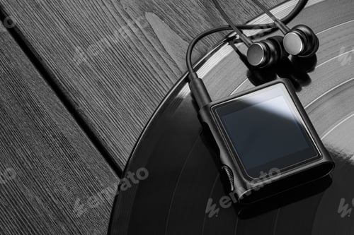 Preview: Portable digital music player on vinyl record with headphones on black wooden surface.