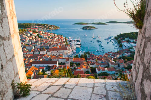 Preview: Panoramic photo of Hvar Town at sunset taken from the Spanish Fort (Tvrdava Spanjola), Hvar Island,