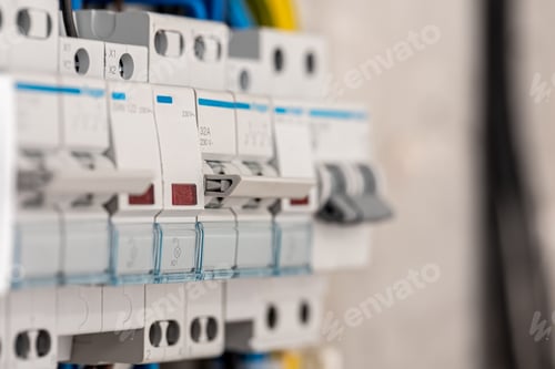 Preview: Voltage switchboard with circuit breakers, close up.