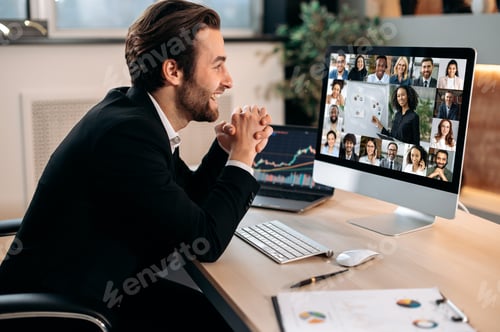 Preview: Online video communication. Smart caucasian male stock agent, conducts online trading lesson