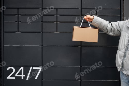 Preview: Holding a parcel on background of automatic post office machine
