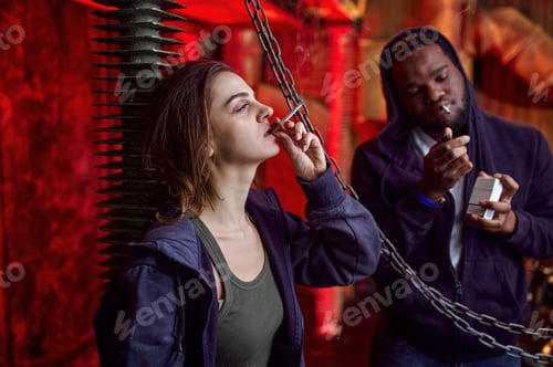 Preview: Drug addict man and woman smokes in shebang