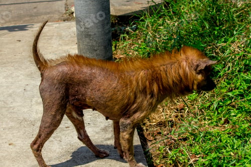 Preview: Brown dog Walking on the sidewalk and looking for something.