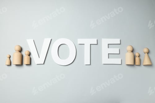 Preview: Wooden figures and word Vote on gray background, top view