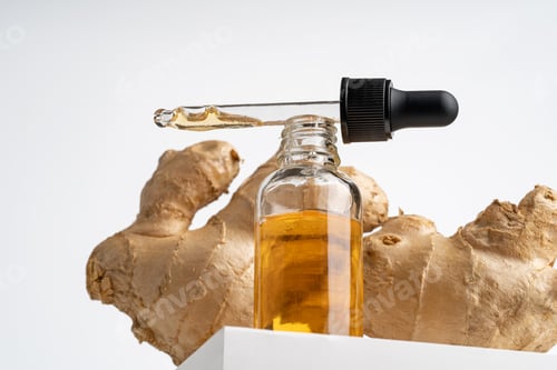 Preview: Yellow ginger oil in dropper bottle presenting product on white podium mockup production line