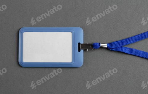 Preview: Blank badge on grey background, top view. Mockup for design