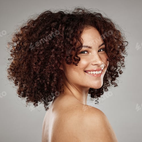 Preview: Portrait, face and skin with a model black woman in studio on a gray background for beauty treatmen