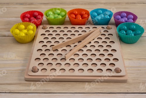 Preview: Colorful Sorting Game with Wooden Board and Tongs