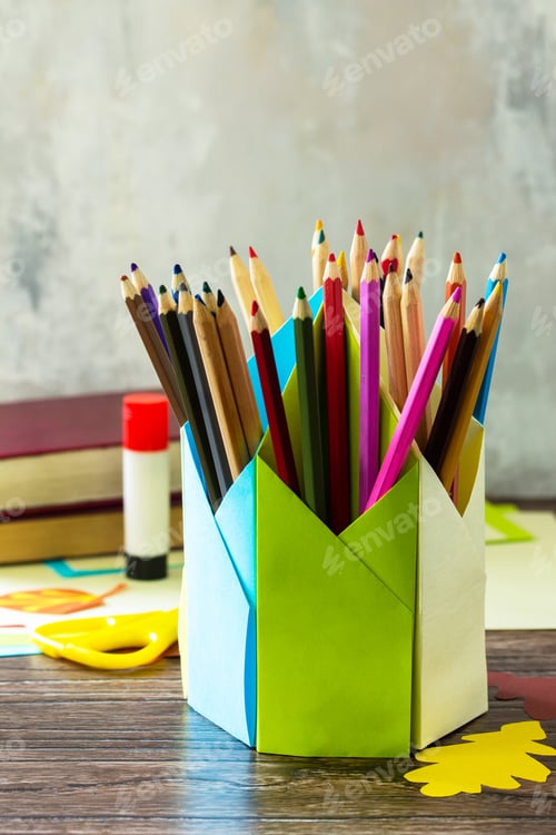 Preview: Pencil Holder the new school year on wooden table. Welcome back to school.