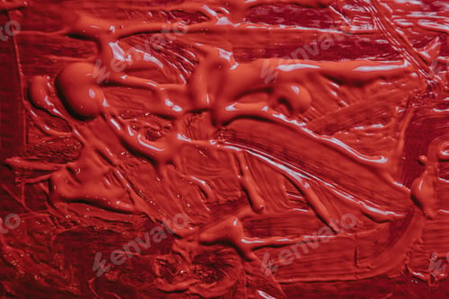 Preview: Colourful background of acrylic paint drops texture in saturated red color, copy space, banner