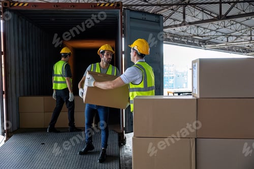 Preview: 3 Workers hand carry carton box take from 40 feet steel container one by one and stack on floor
