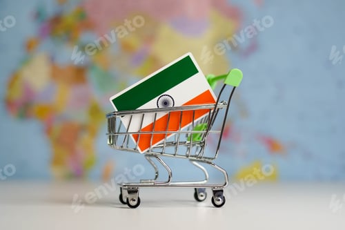 Preview: India national flag in miniature shopping trolley cart. Shopping online or shipping, duty concept.