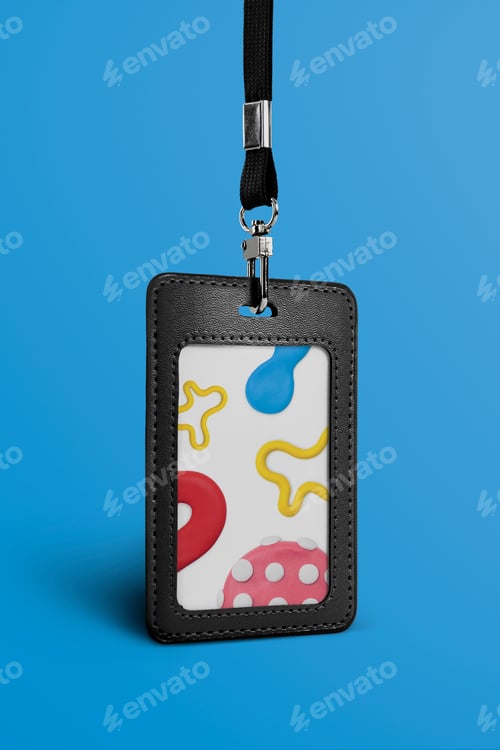 Preview: Black leather ID card with lanyard in cute clay pattern