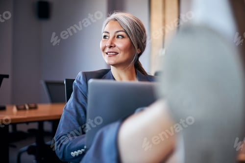 Preview: Beautiful joyful woman using laptop at work