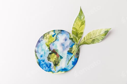 Preview: top view of handmade colorful paper globe with green leaves isolated on grey, environment protection