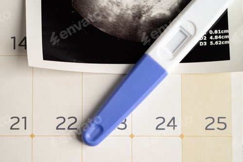 Preview: Pregnancy test with ultrasound scan of baby uterus, contraception health and medicine.