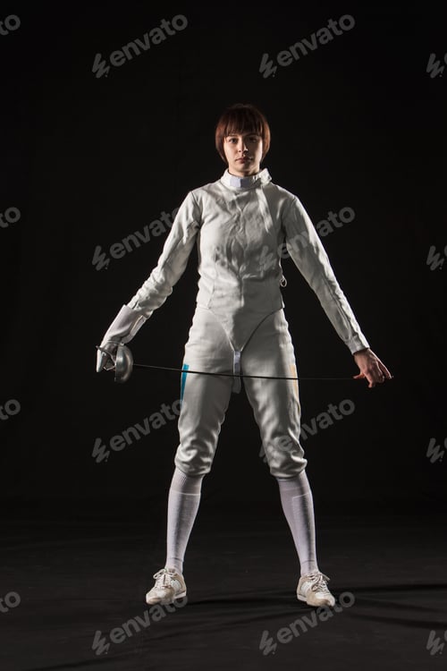 Preview: The Portrait Of Woman Wearing White Fencing Costume And Black Fencing Mask With The Rapier On Black