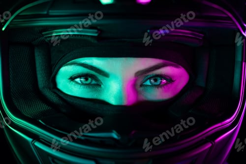 Preview: Eyes portrait of confident motorcyclist woman in closed motorcycle helmet. Young driver biker