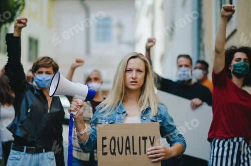 Preview: Group of people activists protesting on streets, women march and demonstration concept.