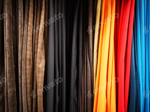 Preview: Closeup shot of clothing and multicolored trousers in graduation hanging on display