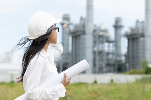 Preview: Professional smart vision young engineer women standing at refinery power plant building floor plan