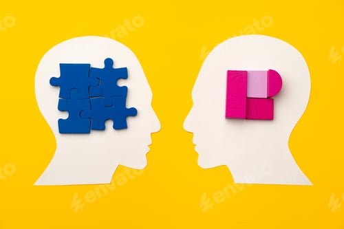 Preview: Papercut head silhouette with puzzle pieces on yellow background