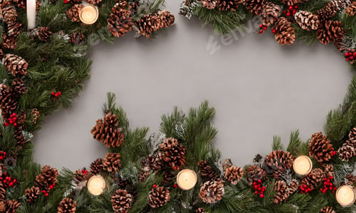 Preview: Top view of Christmas decoration with fir garlands, pine cones and candles