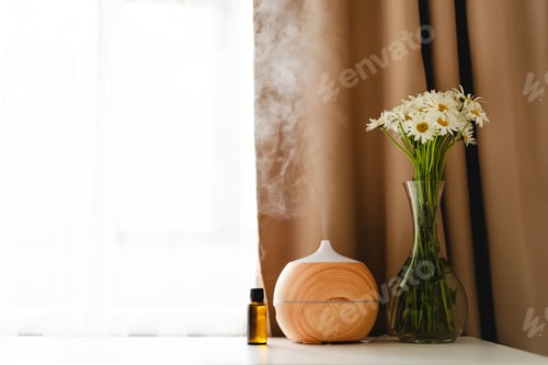 Preview: Aromatherapy concept. Aroma oil diffuser on the table against the window.
