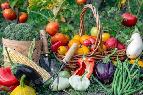 Preview: Composition of fresh vegetables on blurred vegetable garden background.