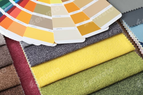 Preview: Upholstery fabric samples and color palette, closeup. Interior design