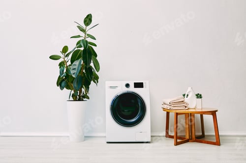 Preview: green plant near modern washing machine, coffee table with towels and detergent bottle in bathroom