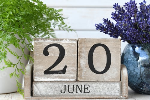 Preview: First Day of Summer aka Summer Equinox or solstice - June 20 on a wooden block calendar