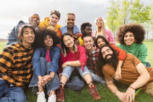 Preview: Group of young multiracial friends having fun together in park - Friendship and diversity concept