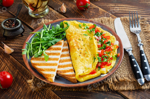 Preview: Fried omelette with tomatoes, onion and herbs. Delicious breakfast with eggs and toasts