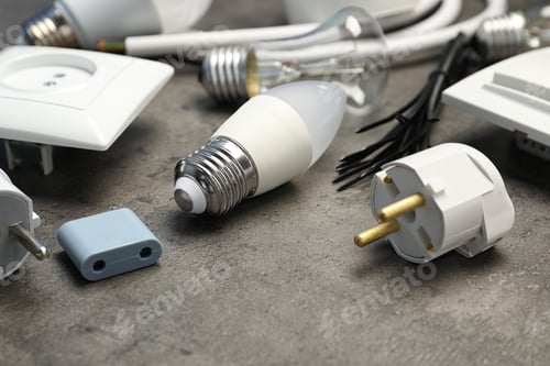 Preview: Set of electrician's equipment on gray table