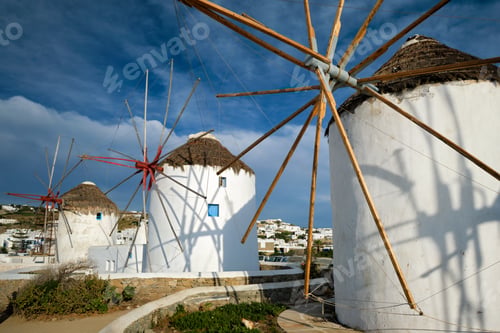 Preview: Traditional greek windmills on Mykonos island at sunrise, Cyclades, Greece