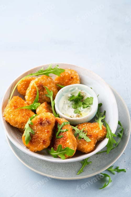 Preview: Vegetarian Nuggets with Vegan Dipping Sauce and rocket leaves on a light background.