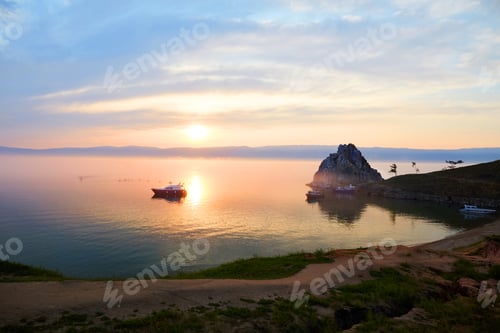 Preview: Lake Baikal, Olkhon Island on a summer evening. View of Shaman rock