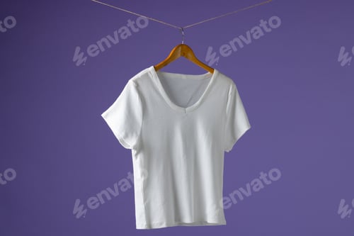 Preview: Tshirt hanging on coat hanger and copy space on purple background