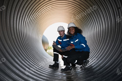 Preview: Workers inside a big steel pipe building a pipeline for oil, gas, and fuel at an industrial site.