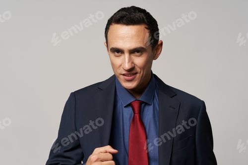 Preview: business man in blue shirt jacket red tie light background work manager