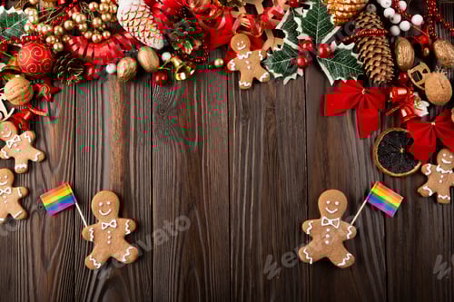 Preview: Christmas background of gingerbread cookie men with rainbow flags on wooden table