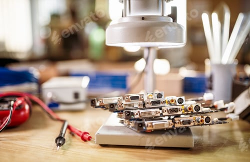 Preview: Modern microscope, electronic components in a scientific laboratory
