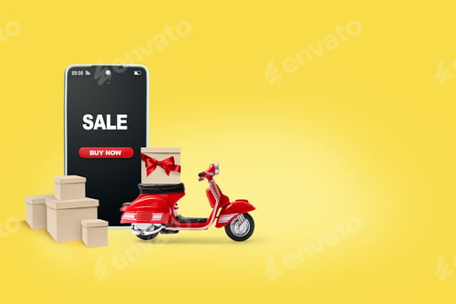 Preview: Universal Online Sale Delivery Banner with Red Scooter and Packages