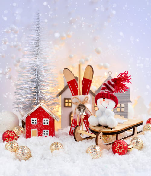 Preview: Christmas composition with the snowman on sleigh and festive decorations