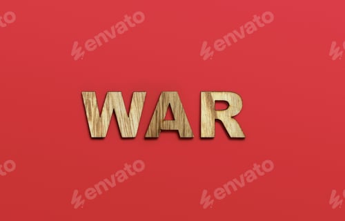 Preview: WAR, word written in wooden alphabet letters on red background. The concept of a terrible war