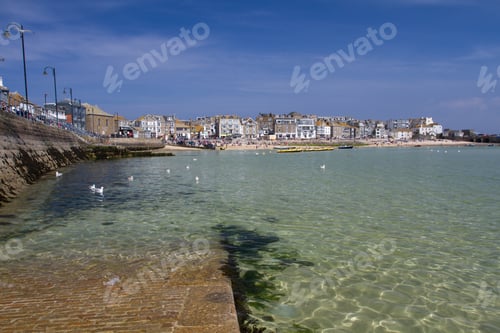 Preview: Landscape of town bay and ocean at St Ives in Cornwall UK on a sunny summer vacation