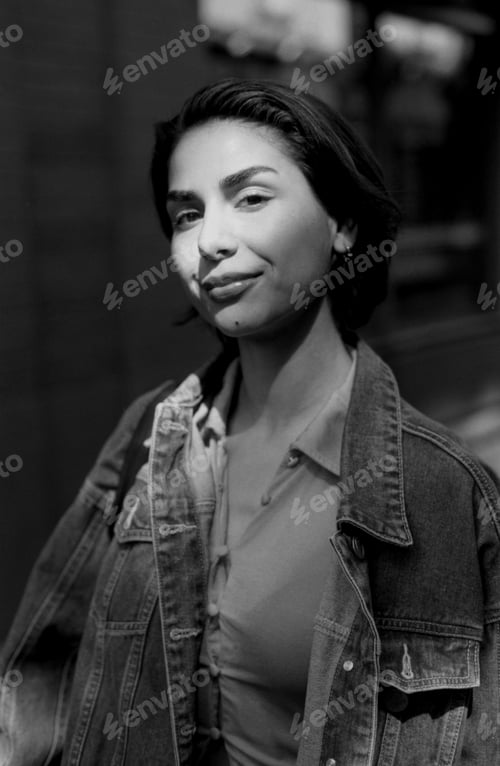 Preview: Young woman smiling wearing denim jacket in black and white analog photo